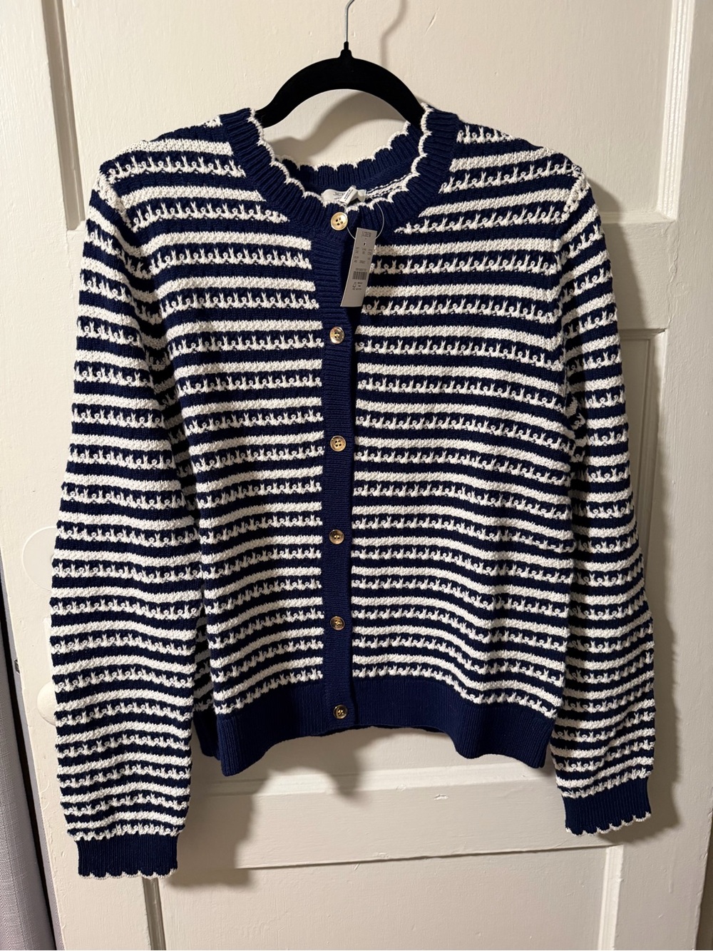 NWT J.Crew Pointelle Cardigan Sweater Navy Ivory Nautical Stripe Size Large